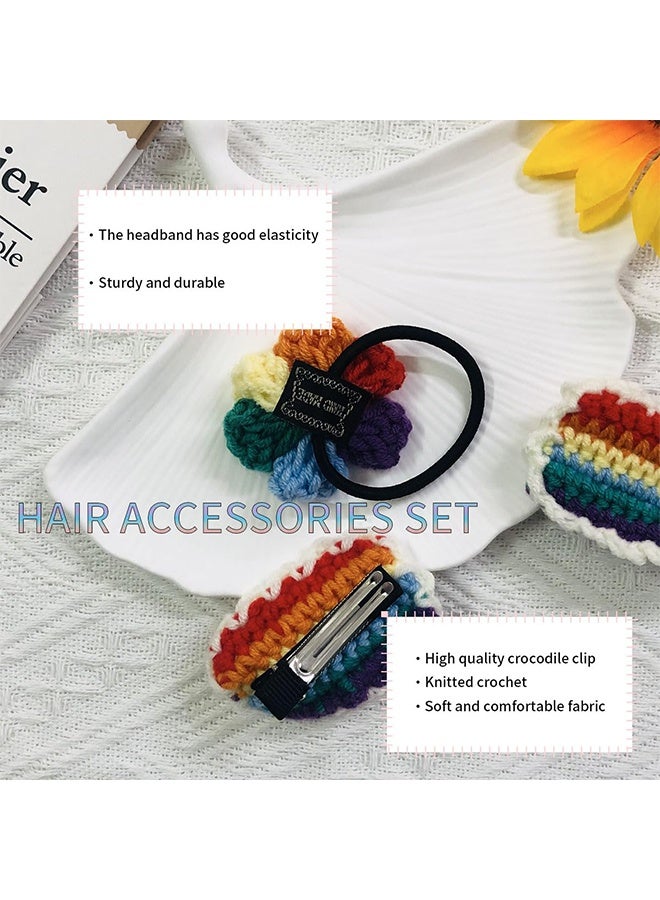Rainbow Flower Hair Clips for Women's, Colorful Knit Hair Clips Hair Ties Set, Pride Day Parties, Parades, Carnival Hair Accessories - Image 4